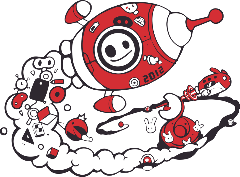 A cheerful red rocket exploring a playful universe